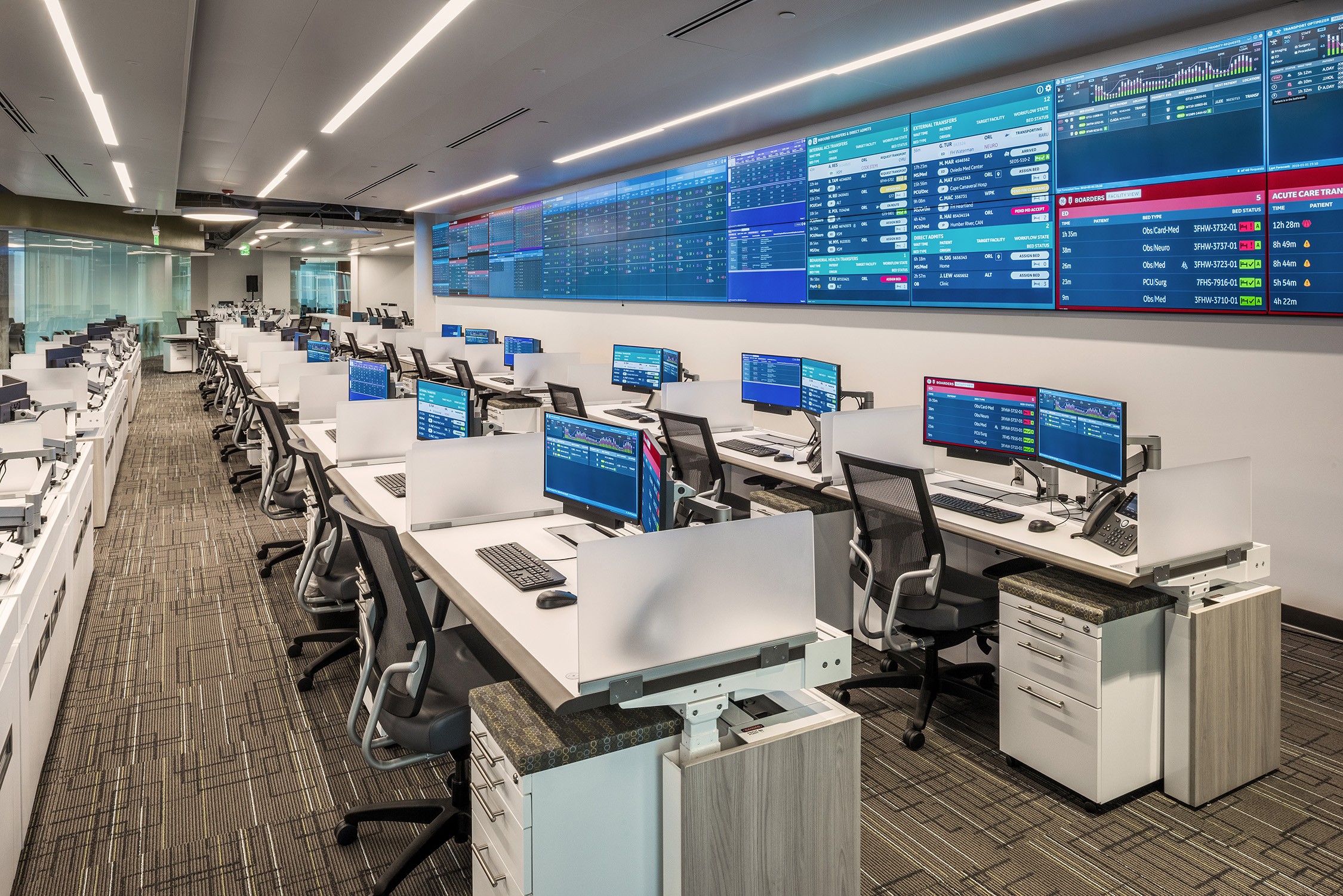 a room with lots of computer monitors and a large screen with data and charts on them