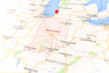 a map of indiana with a red pin on it