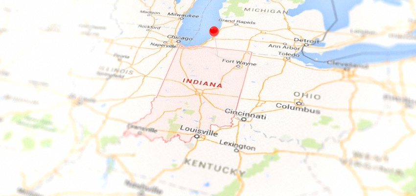 a map of indiana with a red pin on it