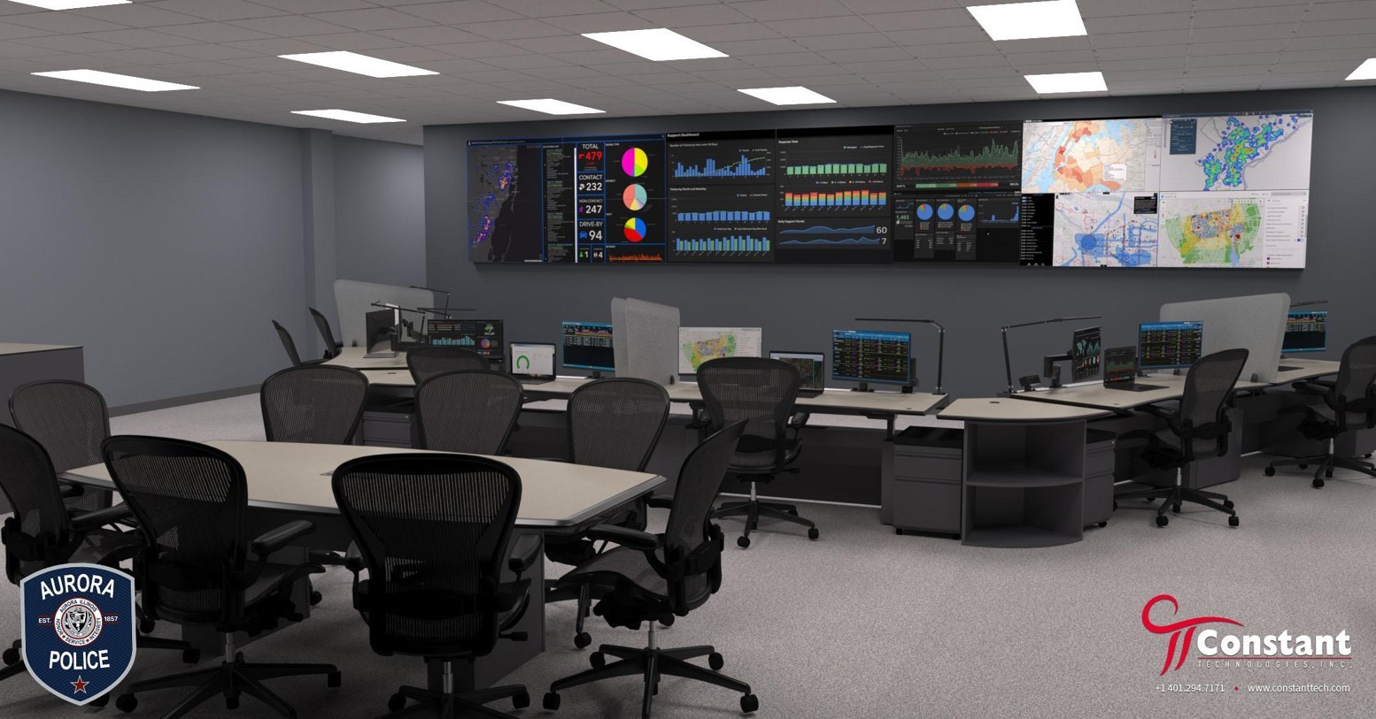 a rendering of a control room for the aurora police department