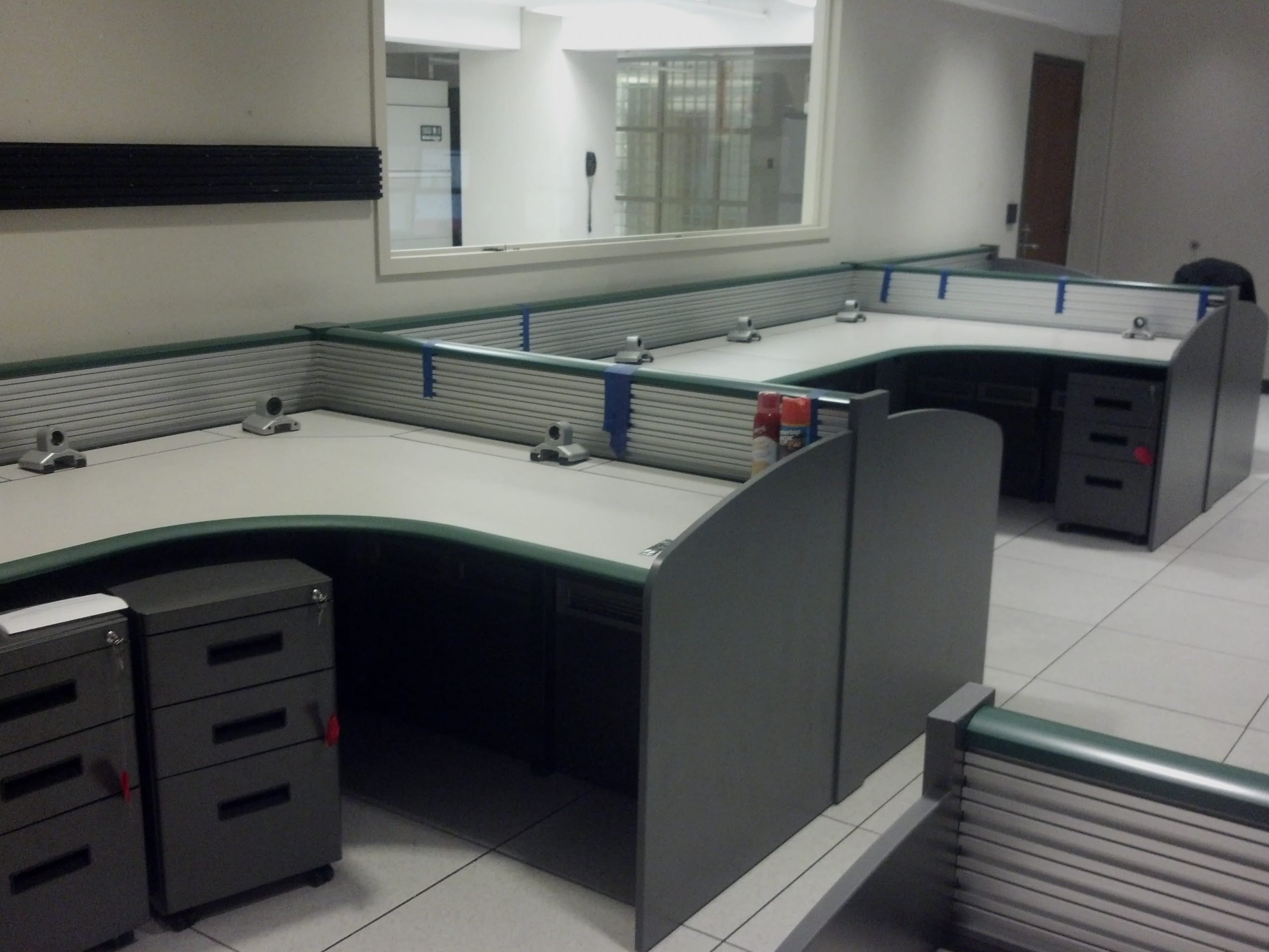 Gray operations center consoles