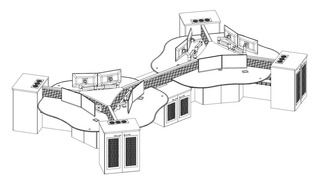 design drawing of custom consoles with equipment storage