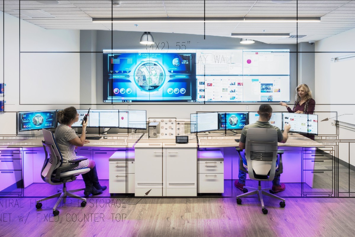 Three people working in an Operations Center with video walls and consoles
