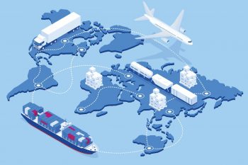 an map of the world shows a truck a plane and a ship traveling across the continents