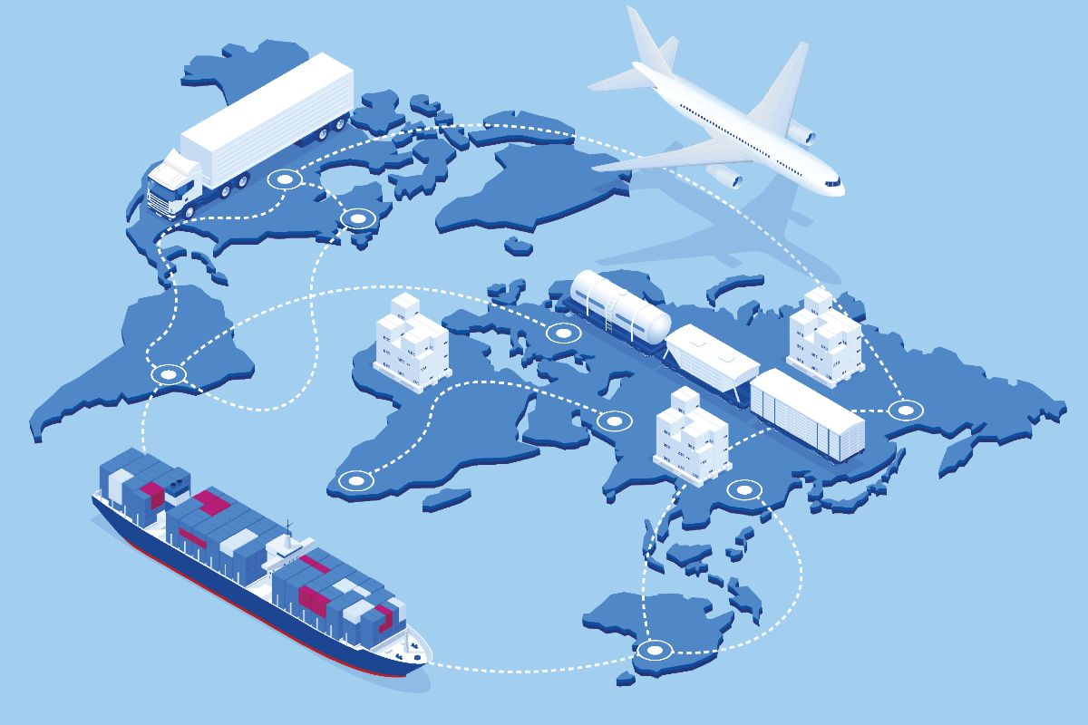 an map of the world shows a truck a plane and a ship traveling across the continents