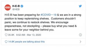 Tweet from HEB grocery store