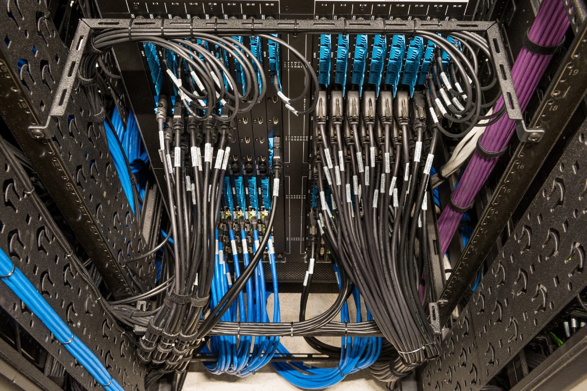 Black, blue, and purple wiring for Mission Critical AV Cabeling