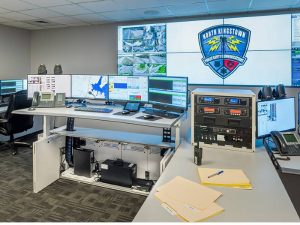 sit-stand console with storage in operations center