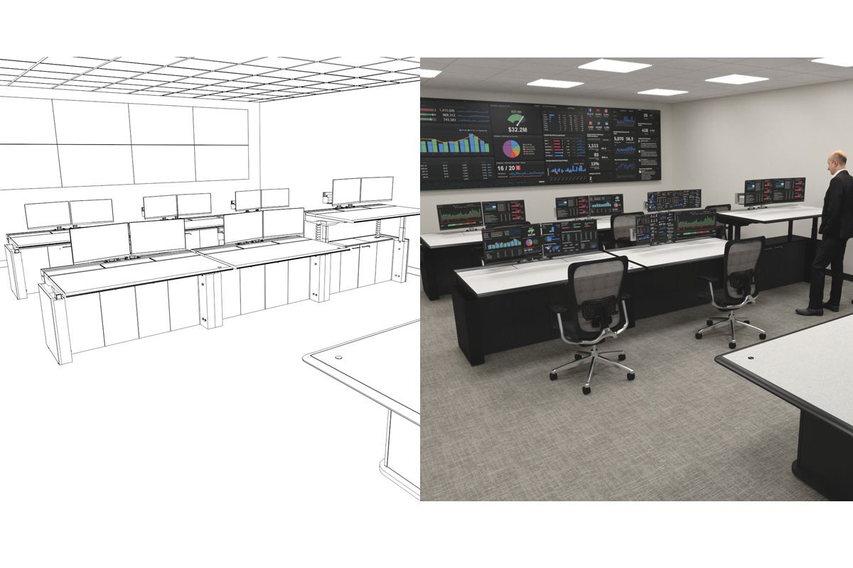 a drawing of a control room with a man standing in front of it