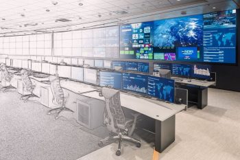 Command center design sketch to real-life image of operations center with mission-critical video walls and technology consoles