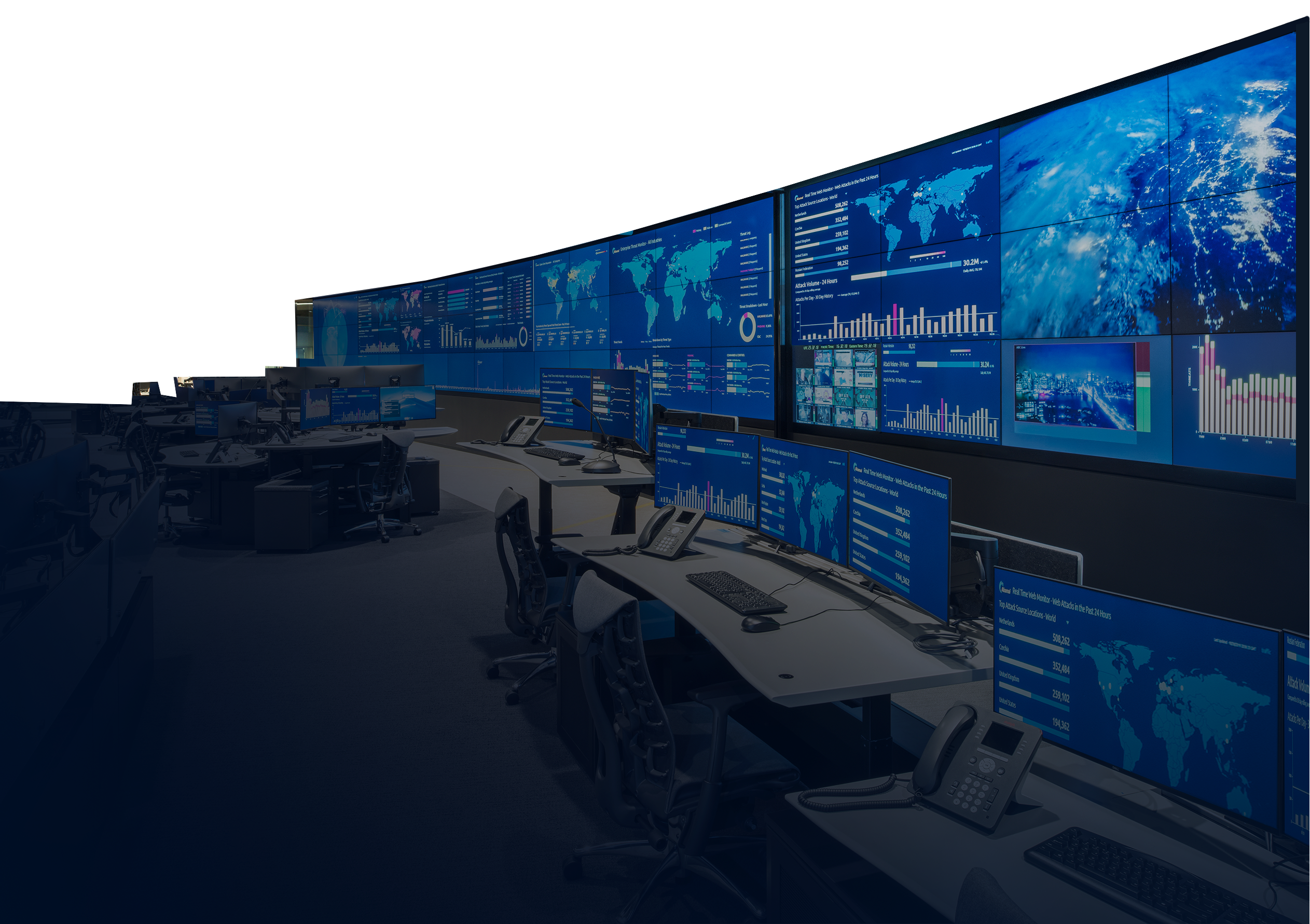 video wall room with desks and desktops