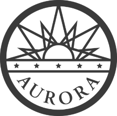 a black and white logo for aurora with a sun and stars