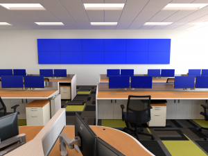 Rendered depiction of operations center with video wall and console furniture