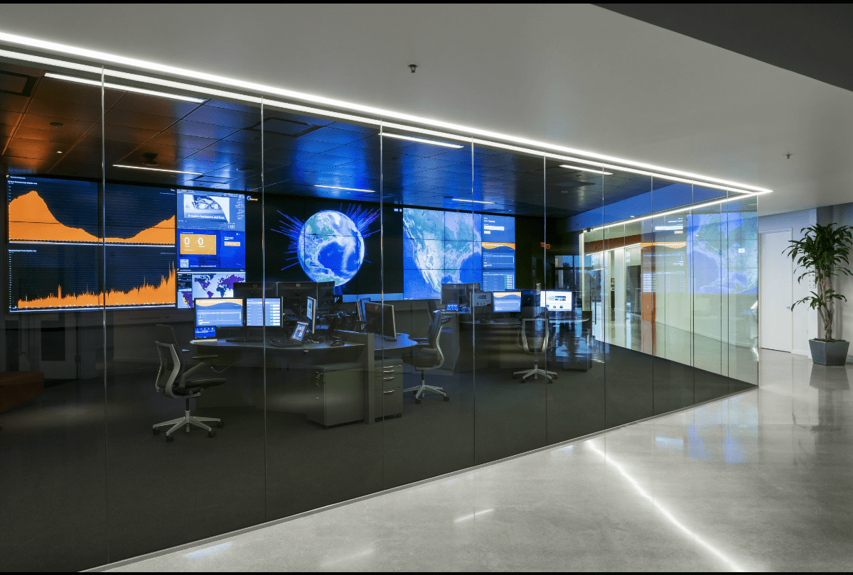large video wall in dramatic glass NOC